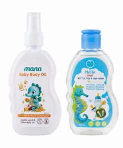 مایع شوینده و ضدعفونی کننده شیشه شیر مانا حجم 200 میلی لیتر به همراه روغن بدن کودک مانا مدل جوجوبا حجم 200 میلی لیتر