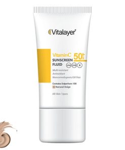 کرم ضدآفتاب فلوئید رنگی ویتالیر مدل ویتامین C حجم 50ml، SPF 50، ضد آب، مرطوب‌کننده، غیر کومدون‌زا، محافظت از UVA و UVB، آنتی‌اکسیدان و ضد لک مناسب انواع پوست با تنالیته متوسط